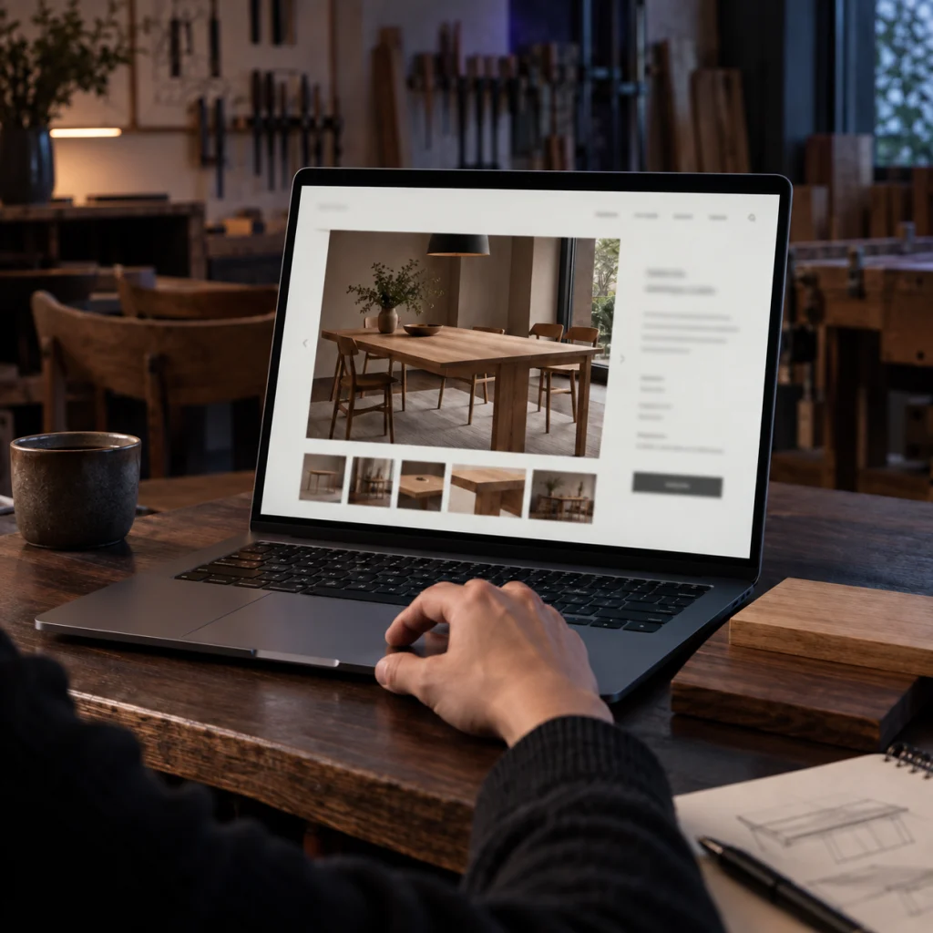 Katalog namještaja na laptopu uz uzorke masivnog drva — tematski vizual