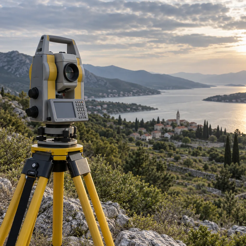 Geodetski instrument s pogledom na krajolik — tematski vizual