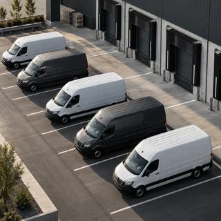 Dostavna vozila ispred logističkog centra — tematski vizual